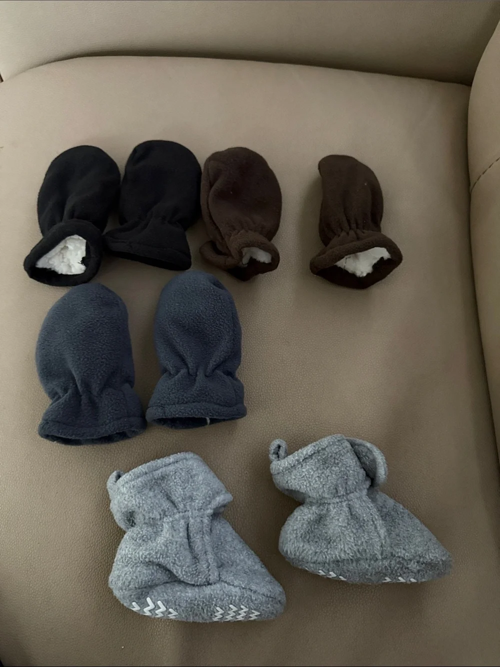 Set of Baby Mittens and Booties in Black, Brown, Navy & Gray